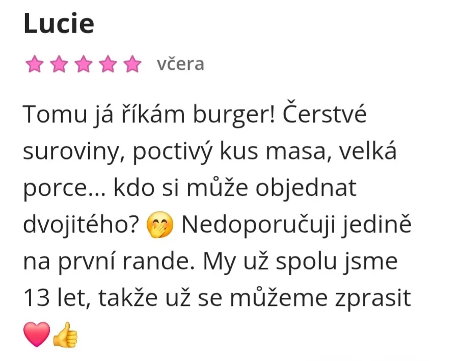 Recenze zákazníka: poctivý burger čerstvé suroviny.